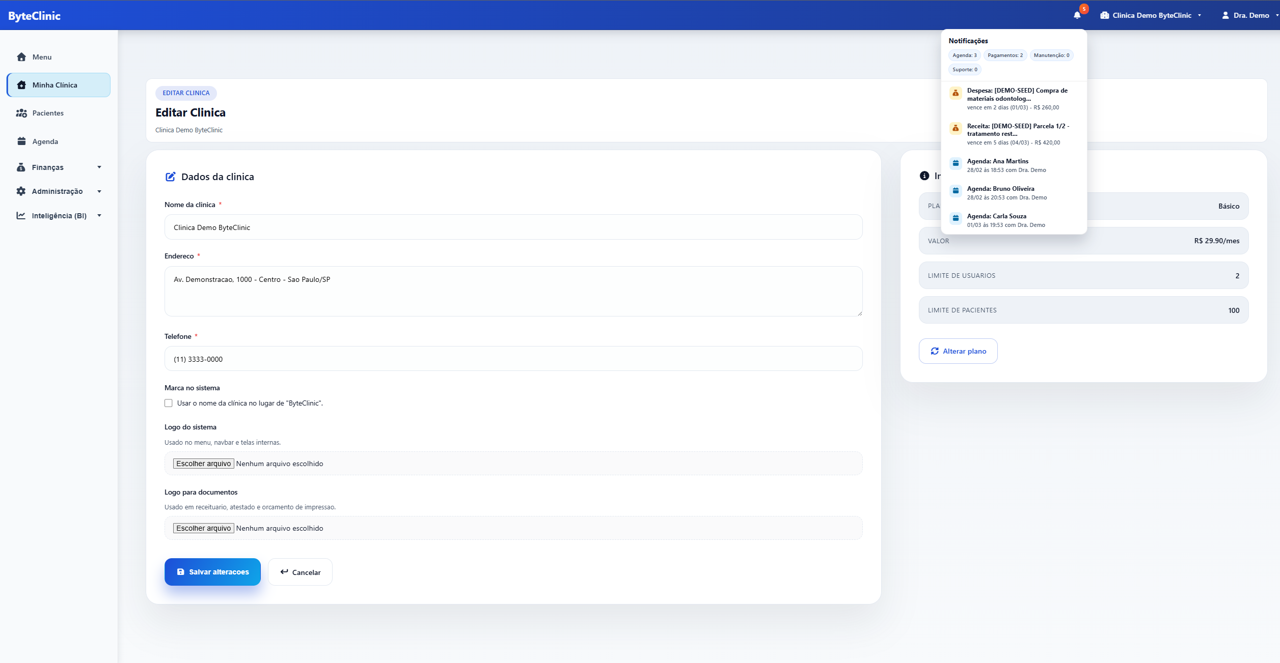 Painel com indicadores do ByteClinic